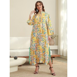 Elegant Floral Print Abaya with Golden Accents - Long Sleeve, Mid-Length, Loose Fit, Slit Hem, Embroidered Detail, Perfect for Saudi National Day, All-Season Wear, Cultural Attire|Floral Print Abaya|Embroidered Detailing, Abaya Dress