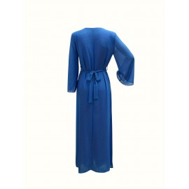 Elegant Floral Printed 1pc Long Sleeve Abaya - Polyester Chiffon Summer Robe with Rhinestone Embellishments and Belt for Middle Eastern Women