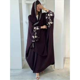 1pc Middle Eastern-Inspired Embroidered Scarf-Style Abaya Cardigan for Women - Solid Color Long Sleeve Loose Fit Breathable All-Season Versatile Muslim Bayan Elbiseleri