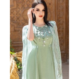 Women's Sleeveless Rhinestone-Embellished Mint Green Gown - Middle Eastern-Inspired Elegant Long Dress with Round Neck for Spring/Summer, Hand Wash Only
