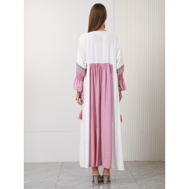 New Design Directional Palace Style Heavy Embroidery Pink Tassel Pendant Ruffle Elastic Three-Quarter Sleeve Double-Pocket Gown for Saudi National Day