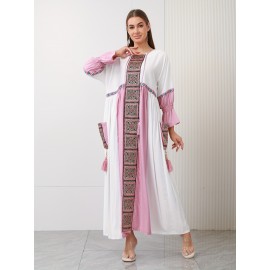New Design Directional Palace Style Heavy Embroidery Pink Tassel Pendant Ruffle Elastic Three-Quarter Sleeve Double-Pocket Gown for Saudi National Day