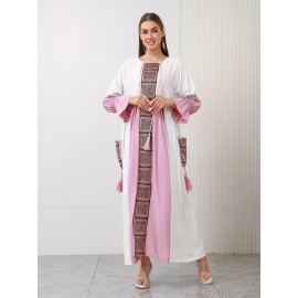 New Design Directional Palace Style Heavy Embroidery Pink Tassel Pendant Ruffle Elastic Three-Quarter Sleeve Double-Pocket Gown for Saudi National Day