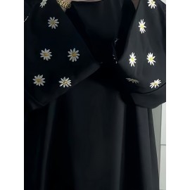 1pc Women's Islamic Abaya Dress - Elegant Hijab Outfit with Cuff Floral embroidery, Navy Blue Arabicrobe, Loose Fit Non-Stretch Muslim Dress for Daily Prayer, Office, Travel - No Scarf Needed, Modest Apparel, Quality Embroidery Detail