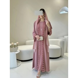 Middle Eastern Muslim Fashion Long Sleeve Embroidered Contrast Lace Patchwork Abaya Dress and Hijab Three-Piece Set