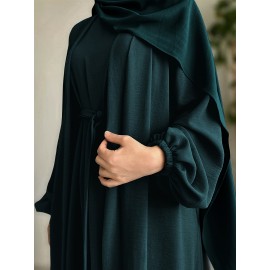 3pcs Traditional Middle Eastern Abaya Dress Set - Long Sleeve, Belted Waist, Solid Color, Non-Stretch Fabric, Spring/Summer/Fall Wear, Includes Cardigan, Dress, and Headscarf, Cultural Attire|Traditional Attire|Belted Waist Dress