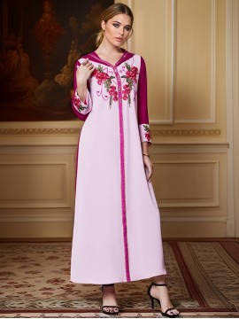 Women'S Elegant Long Sleeve Maxi Dress with Rhinestone Embellishments, Solid Color Polyester 100%, All-Season Woven Fabric, Regular Sleeve, No Belt - Pink & Magenta Floral Pattern