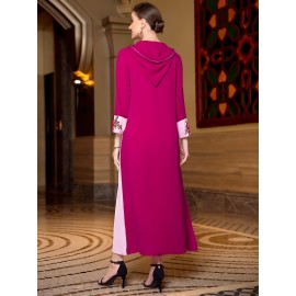 Women'S Elegant Long Sleeve Maxi Dress with Rhinestone Embellishments, Solid Color Polyester 100%, All-Season Woven Fabric, Regular Sleeve, No Belt - Pink & Magenta Floral Pattern