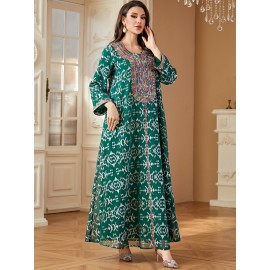 Elegant Floral Sequin Embroidered Long Sleeve Dress - Traditional Middle Eastern Style, Polyester Lined, All-Season Wear
