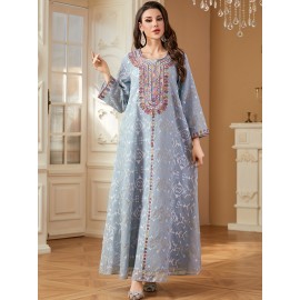 Elegant Floral Sequin Embroidered Long Sleeve Dress - Traditional Middle Eastern Style, Polyester Lined, All-Season Wear