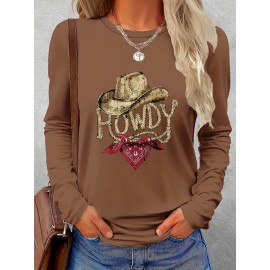 Women's Western Cowboy Graphic Long Sleeve Top - Vintage HOWDY Print with Hat & Bandana Design, Soft Grey All-Season Casual Shirt, Machine Washable Round Neck Women's Clothing, Seasonal Fashion, Comfortable Fit