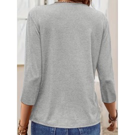 [Jesus Print Casual Top] Comfortable Polyester Women's Casual V-Neck 3/4 Sleeve Top with 