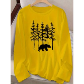 Women's Casual Long Sleeve Crew Neck T-Shirt - Forest Graphic Print with Pine Trees & Bear Silhouette, Medium Stretch Machine-Washable Top for Spring/Fall, Regular Fit Nature-Inspired Casual Attire, Allseason Apparel, Mediumelastic Fabric