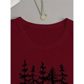 Women's Casual Long Sleeve Crew Neck T-Shirt - Forest Graphic Print with Pine Trees & Bear Silhouette, Medium Stretch Machine-Washable Top for Spring/Fall, Regular Fit Nature-Inspired Casual Attire, Allseason Apparel, Mediumelastic Fabric