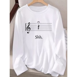 Women's Black Music Note Graphic Print Long Sleeve T-Shirt - Soft Stretch Polyester Crew Neck Casual Top with 