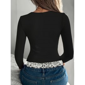 Women's Sexy V-Neck Blouse - Long Sleeve Fake Layering top with button front, All-Season Elegant Shirt for Office, Party, Everyday - Machine Washable Women's Clothing, Party Attire, Lace Detail Top