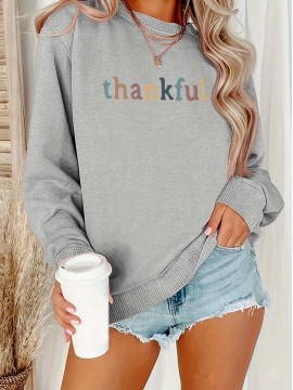 [Thankful Print Sweatshirt] Women's Casual Thankful Print Sweatshirt - 100% Polyester Knit Crew Neck Long Sleeve Top For Fall/Winter - Soft, Machine Washable, Plus Size Comfort Wear