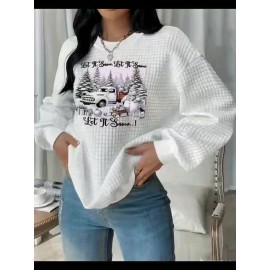 Christmas Trucks Letter Print Sweatshirt for Women - Casual Waffle Knit Long Sleeve Pullover - Soft, Breathable, Comfortable Fall/Winter Design - Merry Christmas Casual Wear
