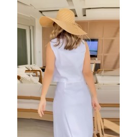 Elegant Sleeveless Blouse & High-Waisted Skirt Set - Chic Open Collar, Button Detail, Flowy Design for Women - Perfect for Spring/Summer, Office or Casual Outings, Office Attire|Sleek Formal Attire|Polyester Fabric