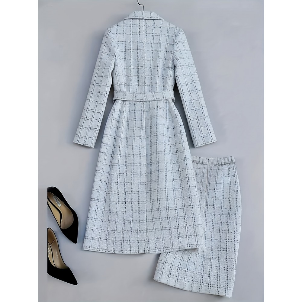 [Chic Plaid Suit] Long Sleeve Plaid Midi Suit Jacket and Skirt Set, Chic Women's Halter Dress Outfit