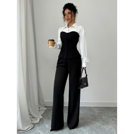 Women'S Elegant Two-Piece Outfit: Color Block Long Sleeve Shirt + Wide-Leg Pants, Polyester Blend, All-Season Wear, Casual Attire|Elegant Two-Piece|Polyester Blend