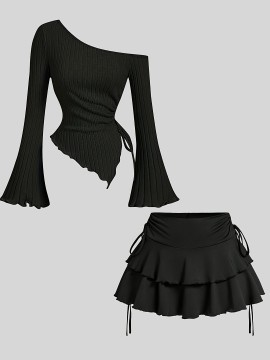 [Casual Off-Shoulder Top] Off-Shoulder Trumpet Sleeve Women's Casual Top with Ruffle Hem Skirt Set