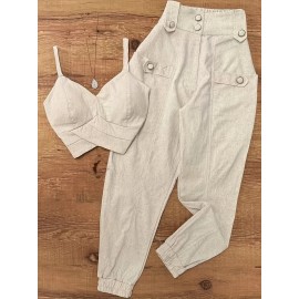 [Elegant Beige Top & Pants Set] Elegant Beige Sleeveless Top & Button-Pants Set - Chic V-Neck Ruffled Detail Shirt with High-Waisted Wide-Leg Pants, Casual or Office Wear