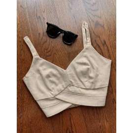 [Elegant Beige Top & Pants Set] Elegant Beige Sleeveless Top & Button-Pants Set - Chic V-Neck Ruffled Detail Shirt with High-Waisted Wide-Leg Pants, Casual or Office Wear