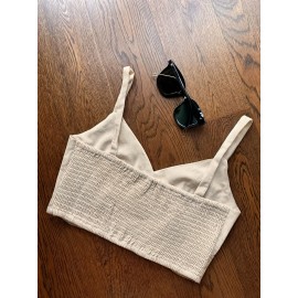 [Elegant Beige Top & Pants Set] Elegant Beige Sleeveless Top & Button-Pants Set - Chic V-Neck Ruffled Detail Shirt with High-Waisted Wide-Leg Pants, Casual or Office Wear