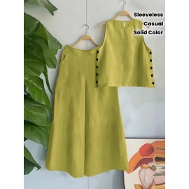 Vacation-Style Solid Color Sleeveless Women's Casual Pants Set