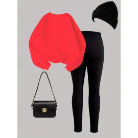 Women'S 2pcs Set, Women'S Casual Bow Print Design Crew Neck Sweatshirt and Leggings, Fall/ Winter