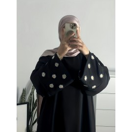 1pc Women's Islamic Abaya Dress - Elegant Hijab Outfit with Cuff Floral embroidery, Navy Blue Arabicrobe, Loose Fit Non-Stretch Muslim Dress for Daily Prayer, Office, Travel - No Scarf Needed, Modest Apparel, Quality Embroidery Detail