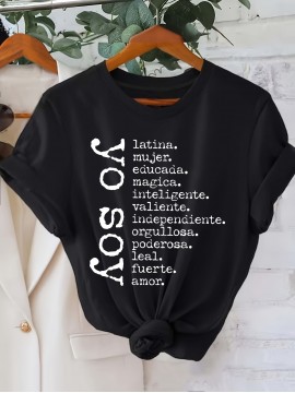 Women's Empowerment Spanish Letter Print T-Shirt - Short Sleeve Crew Neck Casual Top with Bold 