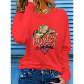 Women's Western Cowboy Graphic Long Sleeve Top - Vintage HOWDY Print with Hat & Bandana Design, Soft Grey All-Season Casual Shirt, Machine Washable Round Neck Women's Clothing, Seasonal Fashion, Comfortable Fit