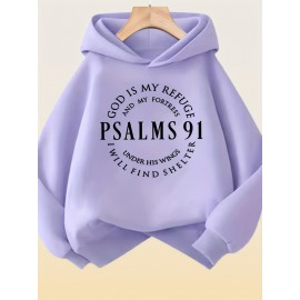 [Cozy Christian Faith Hoodie] 100% Polyester Cozy Women's Pink Christian Faith Hooded Sweatshirt with Psalm 91 Bible Verse Print | Machine-Washable Pullover for Casual Wear | Inspirational Religious Apparel for Fall/Winter Layering