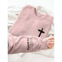 PSALMS 91 Letter Print Long Sleeve Sweatshirt - Women's Fashion Casual Sweatshirt with Knit Fabric and Round Neckline