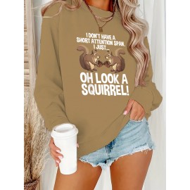 Women'S Plus Size Cartoon Squirrel Graphic Sweatshirt - Casual Long Sleeve Crew Neck, Machine Washable Polyester, Fall/Winter Sportswear with Funny Squirrel Applique Design