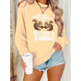 Women'S Plus Size Cartoon Squirrel Graphic Sweatshirt - Casual Long Sleeve Crew Neck, Machine Washable Polyester, Fall/Winter Sportswear with Funny Squirrel Applique Design