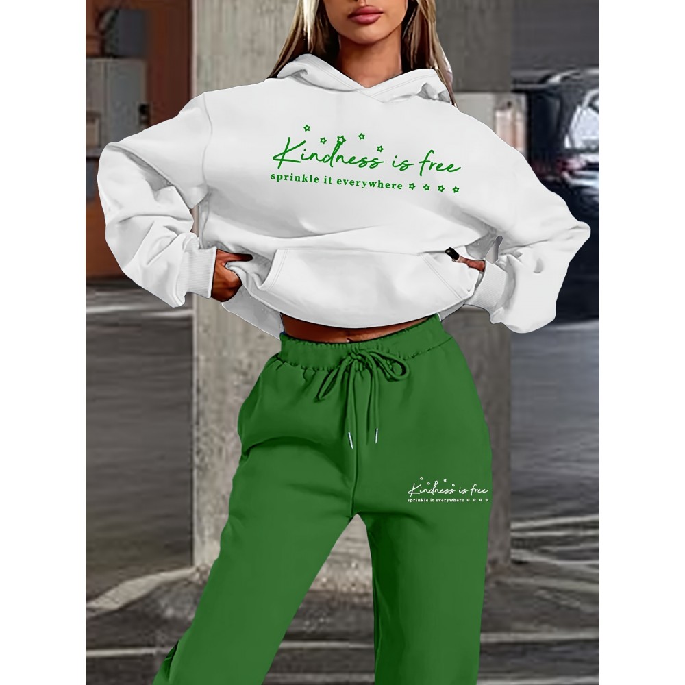 Women's Fashion Casual Letter Print Set - Premium Autumn/Winter Trendy Youthful Fleece Hoodie and Jogger Pants Two-Piece Outfit, Versatile Hooded Suit for Women, Ideal Gift Choice