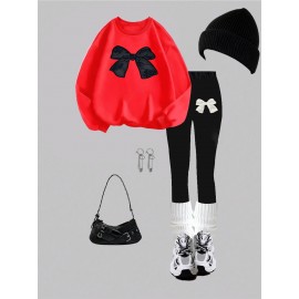 Women'S 2pcs Set, Women'S Casual Bow Print Design Crew Neck Sweatshirt and Leggings, Fall/ Winter