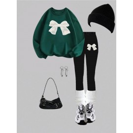 Women'S 2pcs Set, Women'S Casual Bow Print Design Crew Neck Sweatshirt and Leggings, Fall/ Winter